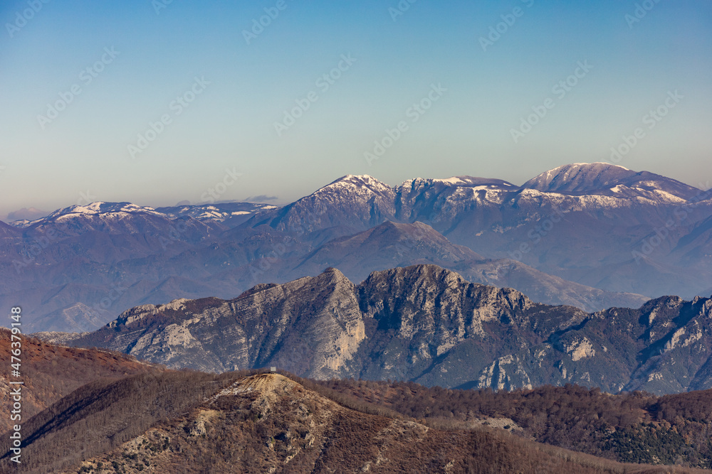 beautiful view of the Campania Apennines with Lattari Mountain in the foreground and the Picentini mountains in the background (Monte Accellica)