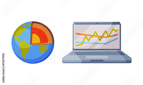 Laptop with Graph and Globe Core as Geology Sampler for Research Vector Set