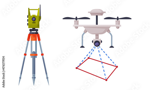 Geology Instrument and Tool with Tacheometer on Tripod and Copter Vector Set