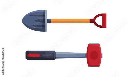 Geology Instrument and Tool with Shovel and Hammer Vector Set