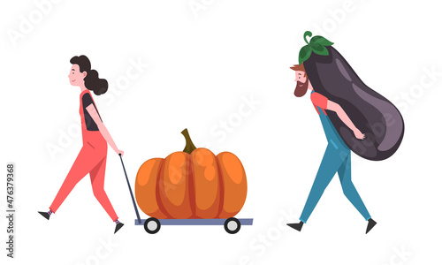Little Man and Woman Carrying Huge Eggplant on His Back and Pulling Trolley with Pumpkin Vector Set