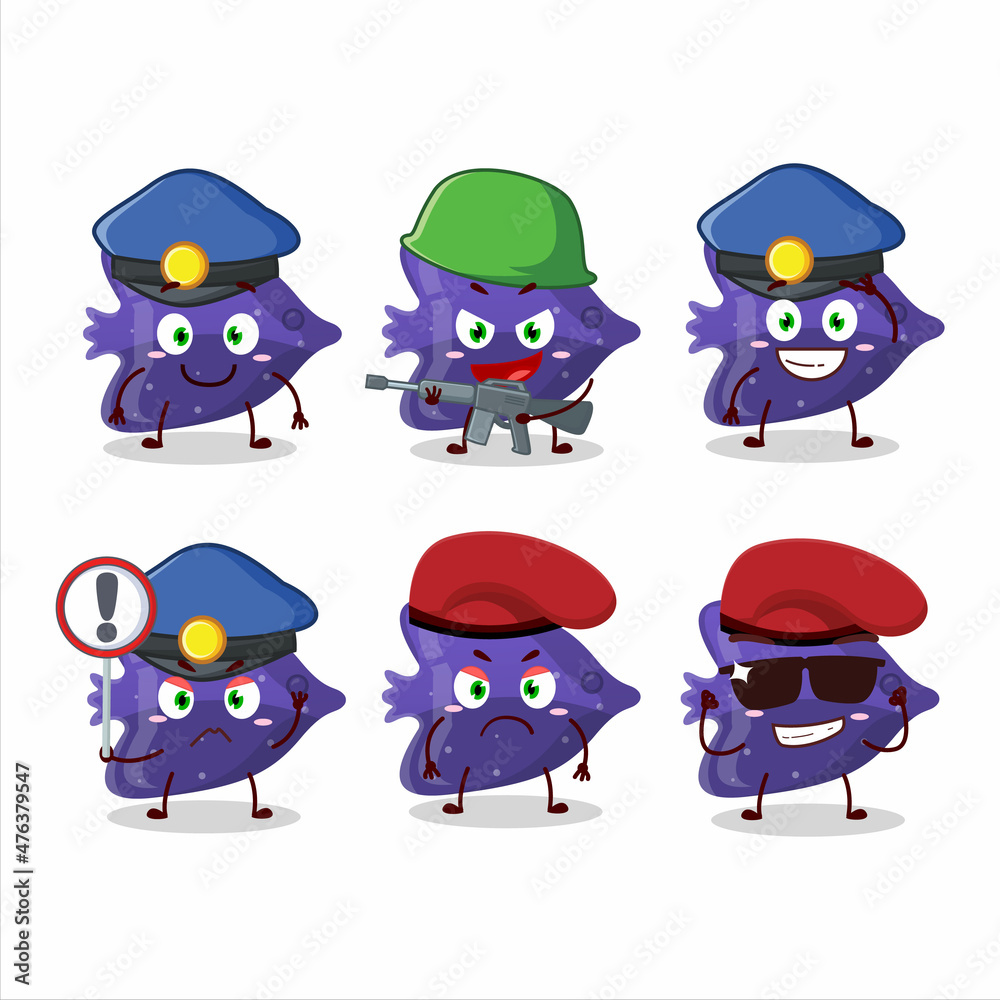A dedicated Police officer of fish purple gummy candy mascot design style A dedicated Police officer of fish purple gummy candy mascot design style