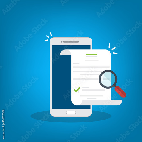 Online digital document inspection or assessment evaluation on smartphone, contract review, analysis, inspection of agreement contract, compliance verification. 