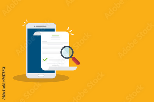 Online digital document inspection or assessment evaluation on mobile phone, contract review, analysis, inspection of agreement contract, compliance verification. Vector illustration	