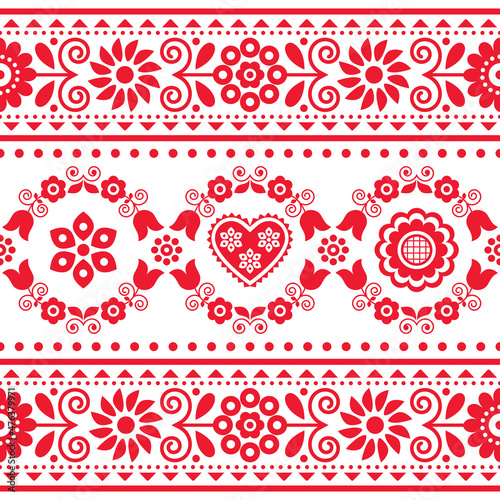 Polish ethnic vector seamless embroidery pattern with floral morif inspired by folk art embroidery Lachy Sadeckie - textile or fabric print ornament 
