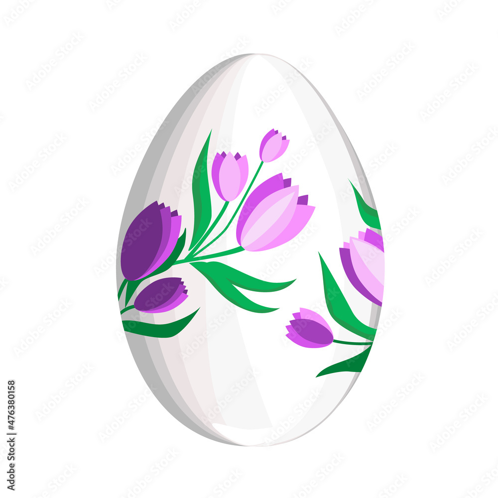 Easter white egg decorated with purple tulips, isolated on a white background.Vector egg can be used in Easter designs. Easter white egg decorated with purple tulips, isolated on a white background.Vector egg can be used in Easter designs.
