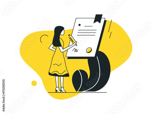 Character leaving signature on legal document with pen. Business deal, contract concept. Vector illustration to use in web and mobile app.