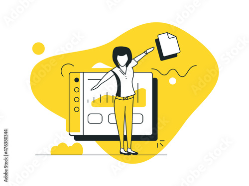 Character interacting with charts and analyzing statistics. Data visualization concept. Vector illustration to use in web and mobile app.