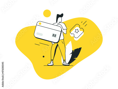 Character paying online and receiving promotion coupon. Payment process concept. Vector illustration to use in web and mobile app.