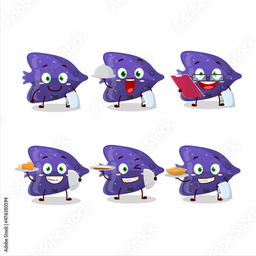 happy fish purple gummy candy waiter cartoon character holding a plate
