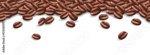 Vector seamless pattern with realistic coffee beans on top isolated on white background. Illustration for packaging design, wallpaper, banner