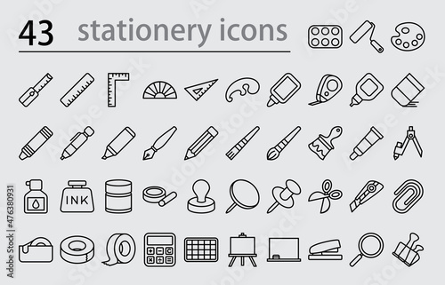 43 Stationery outline icon set for  designs.