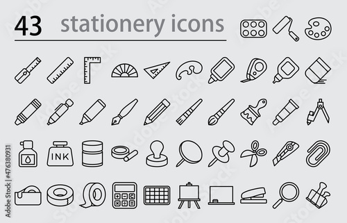 43 Stationery outline icon set for designs.