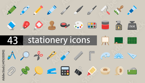 43 Stationery  icons set, flat style