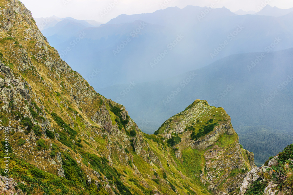 A rock covered with green moss and plants. Beautiful mountain landscape. Nature background 