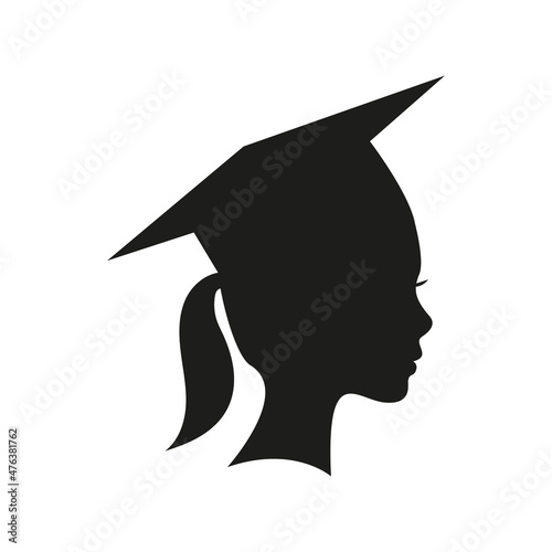 Graduation cap. Female graduate in graduation hat in a profile. Woman Vector icon