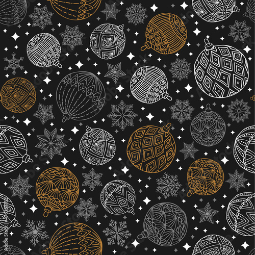 Hand drawn floral winter seamless pattern with christmas tree toys and Snowflakes. Vector illustration background
