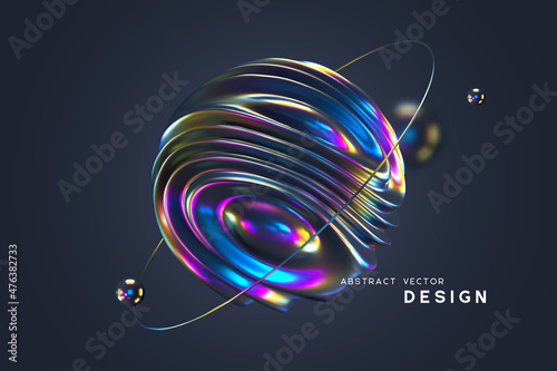 3d wavy fluorescent sphere arounded ring and balls. Abstract shapes with thin film effect. Liquid multicolor background, iridescent glossy waves. Vector illustration.