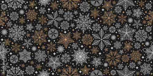 Christmas seamless pattern with geometric motifs. Snowflakes with different ornaments.