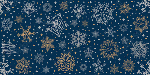 Christmas seamless pattern with geometric motifs. Snowflakes with different ornaments.