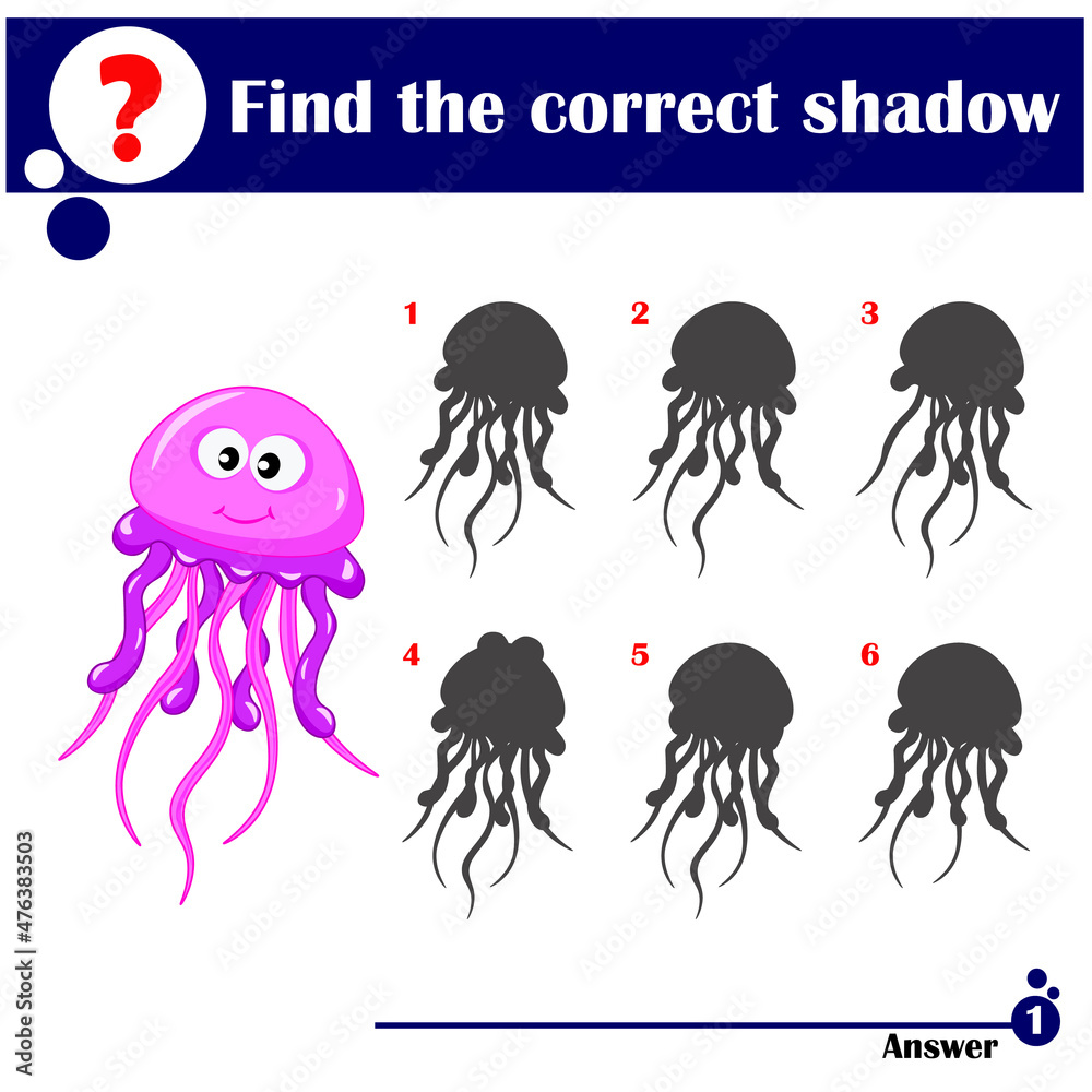 custom made wallpaper toronto digitalEducational game for children. Find the correct shadow. Cute jellyfish