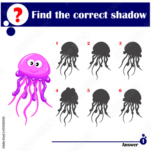 Educational game for children. Find the correct shadow. Cute jellyfish