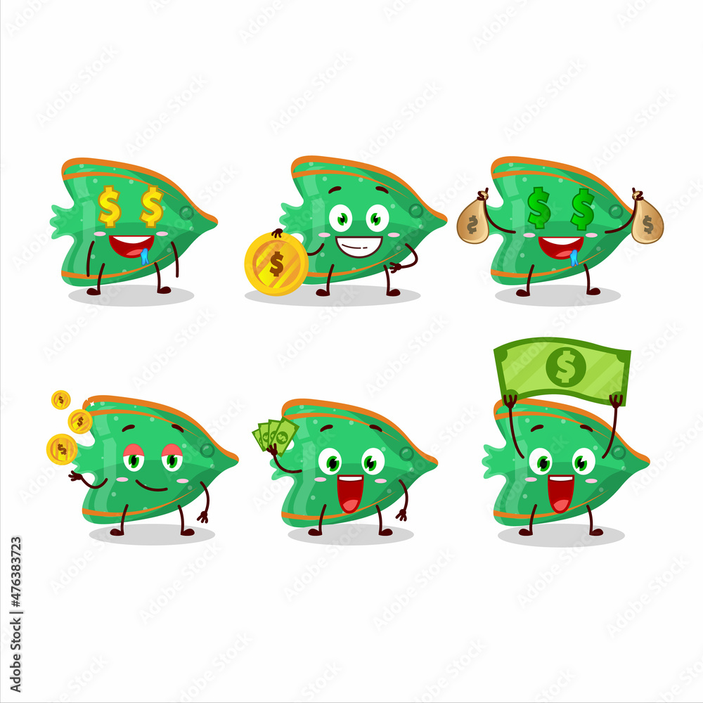 Obraz premium Fish green gummy candy cartoon character with cute emoticon bring money