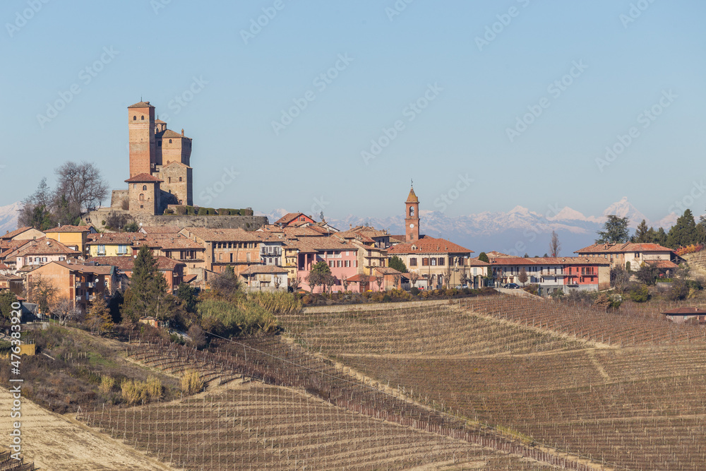 CUNEO, ITALY 06 DECEMBER 2021: Castle of Serralunga d'Alba, a village in the Langhe region, Piedmont, Italy