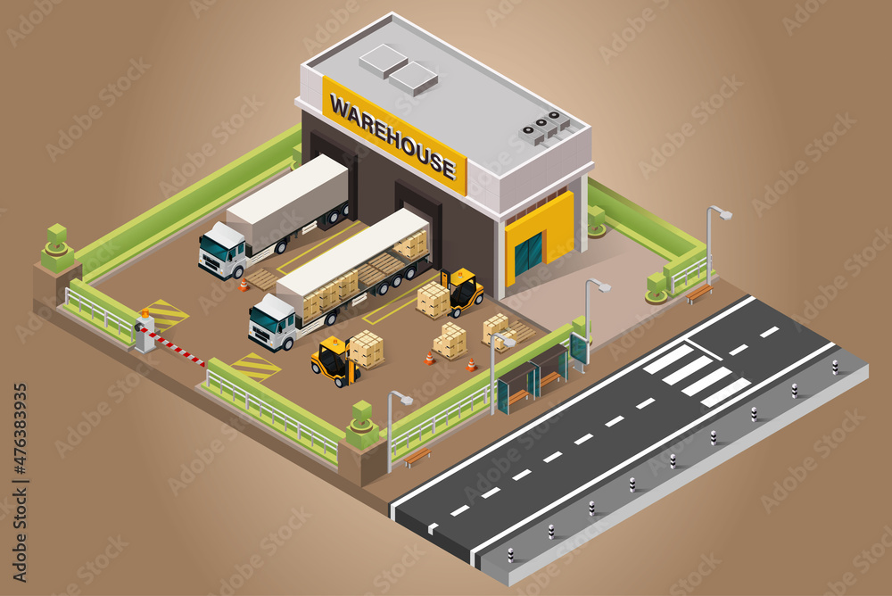 Vector isometric warehouse building.trucks with goods in crates.fence ...