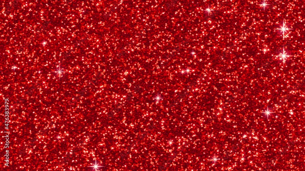 Red background with glitter. Bright sparkling texture. Pattern with shining fine red sequins. Festive luxury background, design element. Seamless loop