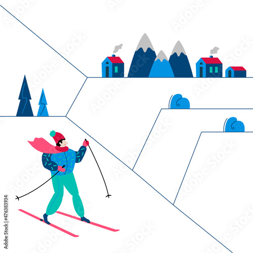 Winter sport Skiing. A person is Skier in the mountain slope in Winter-time day. Mountains resort landscape background. Ski and Sportswear. Flat, geometric and minimalism vector cartoon illustration.