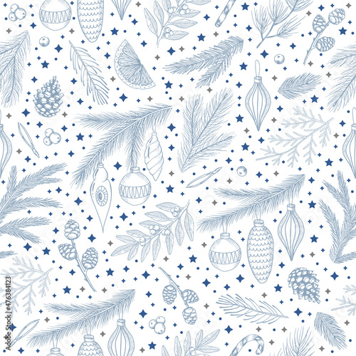 Hand drawn floral winter seamless pattern with christmas tree toys and Snowflakes. Vector illustration background