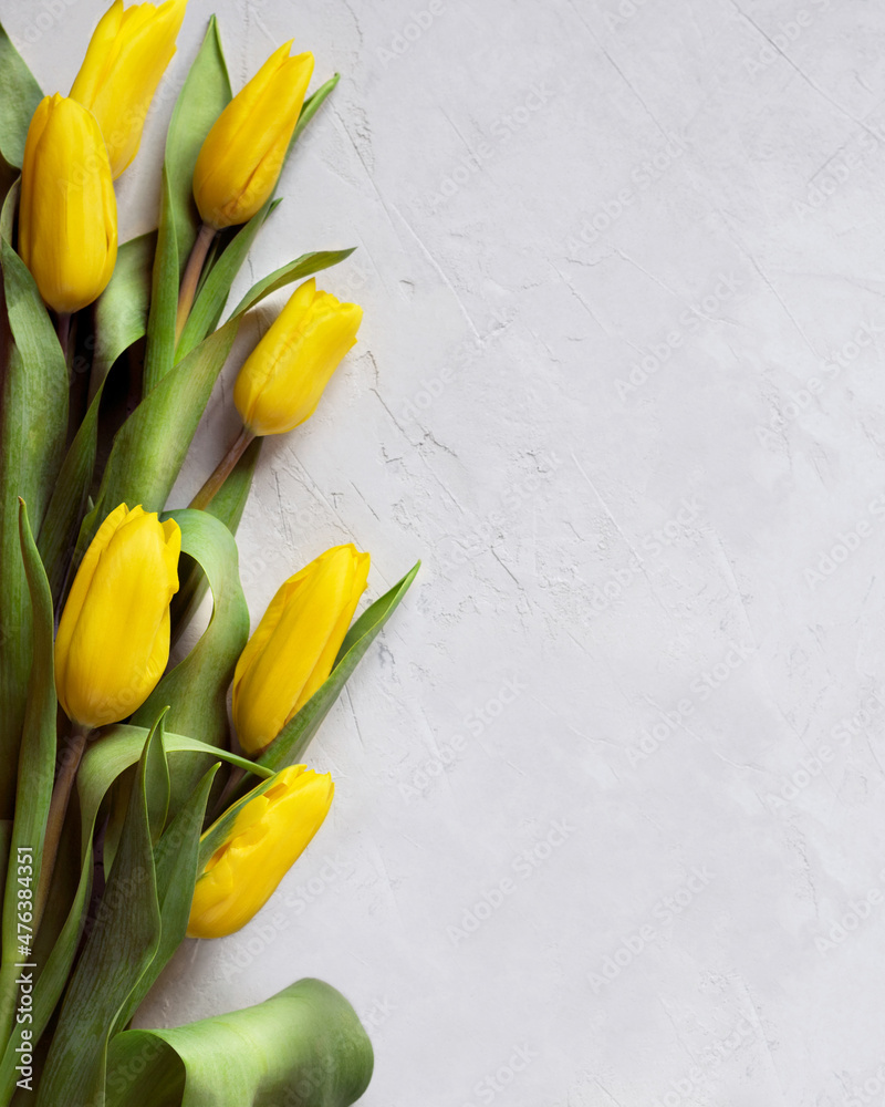 Obraz premium A bouquet of bright yellow tulips lying on a gray concrete table. Mother's Day, Valentine's Day, the concept of celebrating a birthday. Postcard. Top view, copy space.