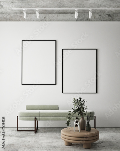 mock up poster frame in modern interior background, living room, Scandinavian style, 3D render, 3D illustration