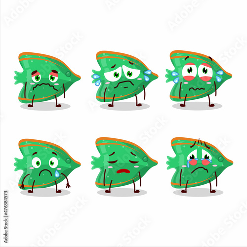 Fish green gummy candy cartoon character with sad expression
