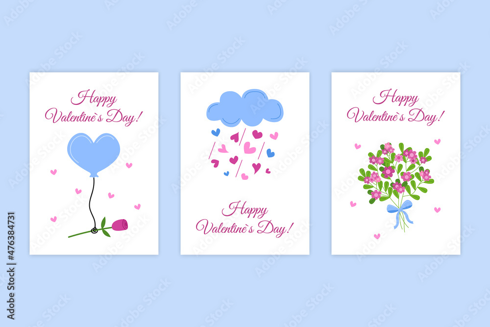 Valentines day greeting cards. Vector collection of holiday cards. Hearts, balloon with rose, flowers and cute cloud. Valentines set Valentines day greeting cards. Vector collection of holiday cards. Hearts, balloon with rose, flowers and cute cloud. Valentines set