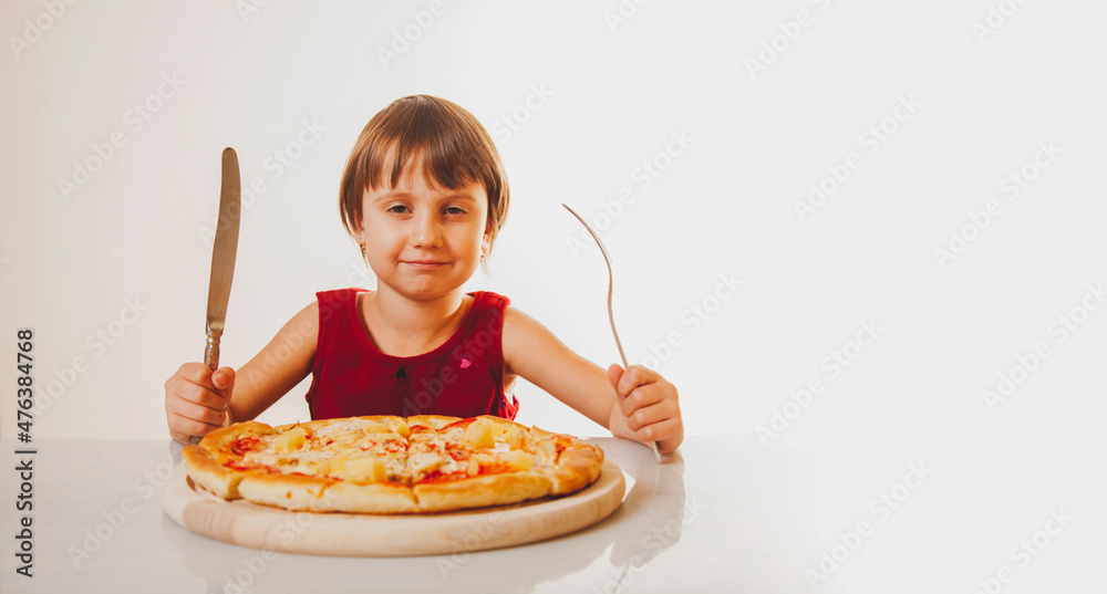 Beautiful young girl enjoys delicious slice of pizza, likes this taste. Copy space for design. Beautiful young girl enjoys delicious slice of pizza, likes this taste. Copy space for design.