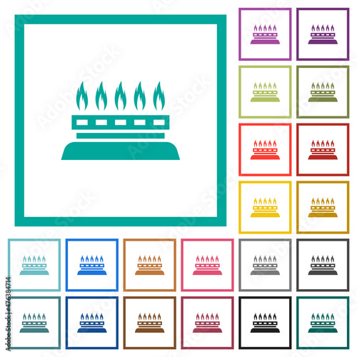 Kitchen gas stove flat color icons with quadrant frames