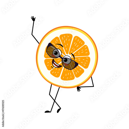 Orange character with happy emotions, face, smile, eyes, arms and legs. Citrus slice person rest with joyful expression, fruit emoticon.