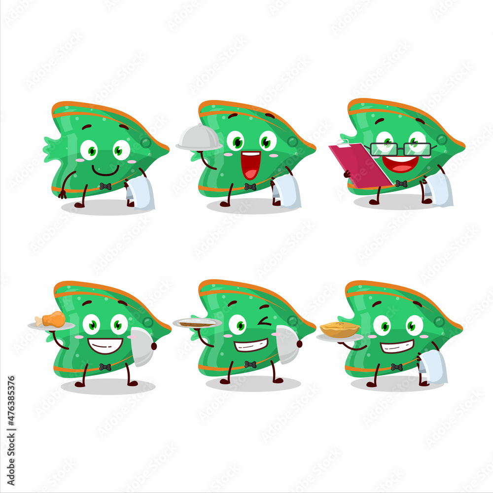 Fototapeta premium happy fish green gummy candy waiter cartoon character holding a plate
