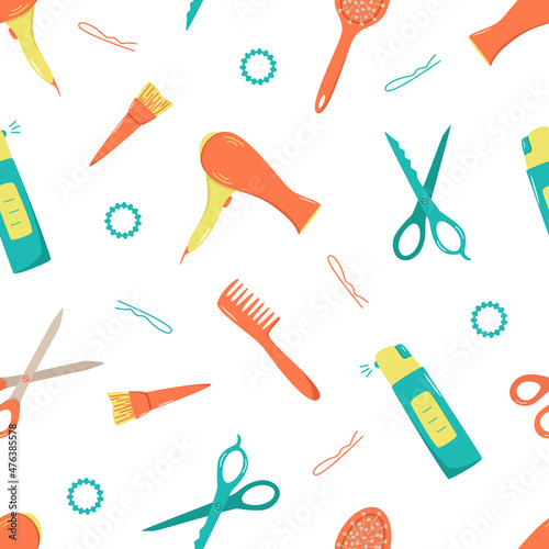 Seamless pattern hairdressing tool kit for beauty salon or home use. Vector illustration of doodle icons for self and hair care. Comb, razor, hair dryer, curling iron and other items.