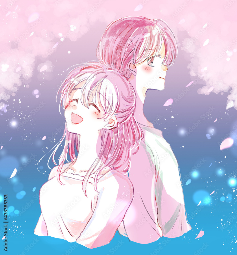 桜吹雪の中の幸せそうなカップル