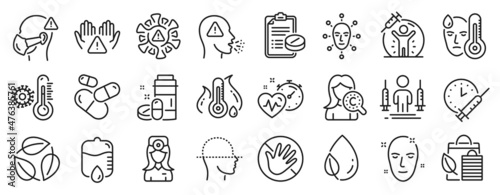 Set of Healthcare icons  such as Collagen skin  Vaccination schedule  Medical mask icons. Health skin  Fever temperature  Cardio training signs. Medical drugs  Cough  Bio shopping. Fever. Vector