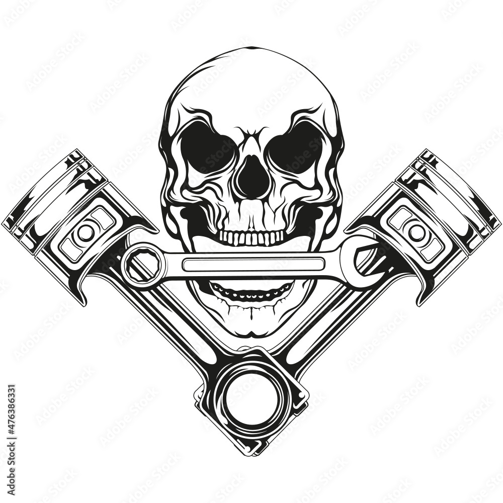 Mechanic logo SVG design with a skull, wrench, and pistons, tattoo template, mechanic shirt, car service, auto service, car repair, auto repair Stock Vector