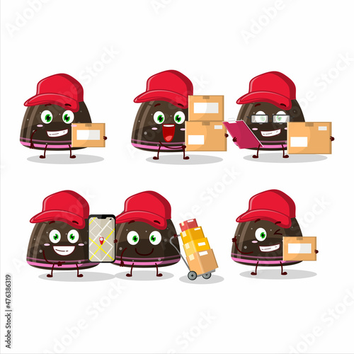Cartoon character design of chocolate jelly gummy candy working as a courier