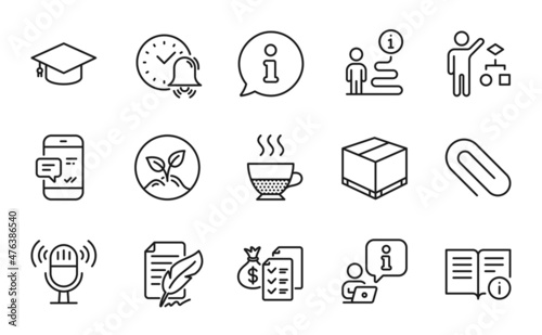 Line icons set. Included icon as Smartphone notification, Paper clip, Graduation cap signs. Doppio, Feather signature, Accounting wealth symbols. Alarm bell, Algorithm, Microphone. Startup. Vector