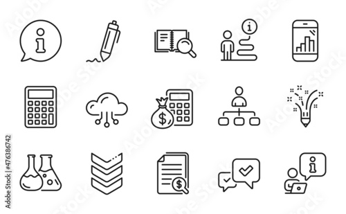 Education icons set. Included icon as Inspiration, Management, Approve signs. Calculator, Graph phone, Financial documents symbols. Cloud computing, Shoulder strap, Signature. Search book. Vector
