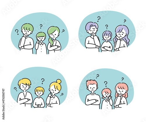考える三人家族のイラストセット