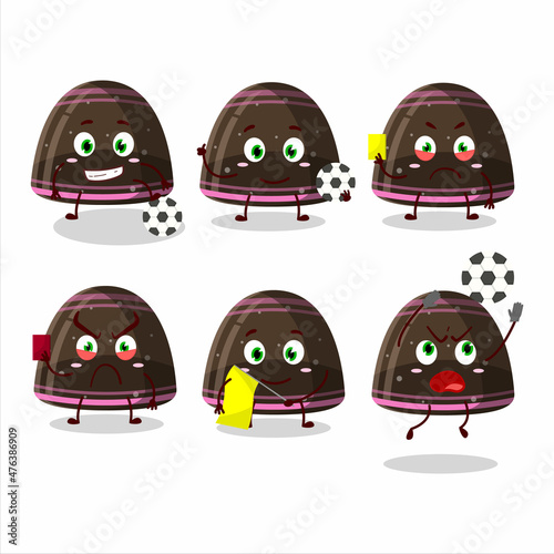 Chocolate jelly gummy candy cartoon character working as a Football referee