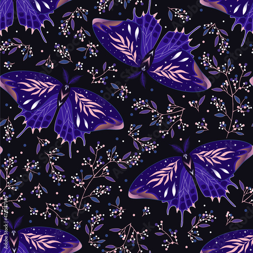 Vector seamless pattern with moon moth and herbs. Contemporary composition. Trendy texture for print, textile, packaging.